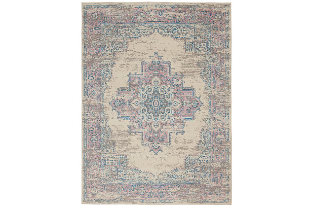 In soothing shades of pink and ivory with subtle blue accents, this brilliantly-bordered, central medallion grafix area rug from nourison will elevate the elegance quotient of any room. Masterfully power loomed from a silky and ultra-hardy polypropylene for a lavish feel, long wear, and low maintenance.Serged edges | Easy-care fibers | Cut pile | Machine made | Power-loomed | Low shedding | Recommended for areas with moderate foot traffic | Indoor only | 100% polypropylene | Imported