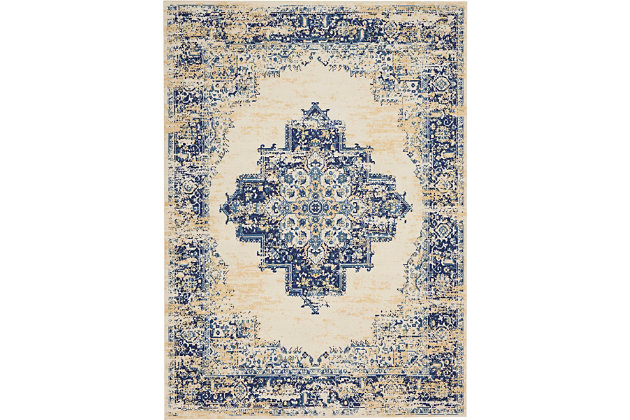 In intriguingly distressed shades of navy blue and white, this grafix area rug from nourison will elevate the elegance quotient of any room. Each rug is brilliantly bordered in traditional persian rug style, and masterfully power loomed for a lavish feel, long wear, and low maintenance.Serged edges | Easy-care fibers | Cut pile | Machine made | Power-loomed | Low shedding | Recommended for areas with moderate foot traffic | Indoor only | 100% polypropylene | Imported