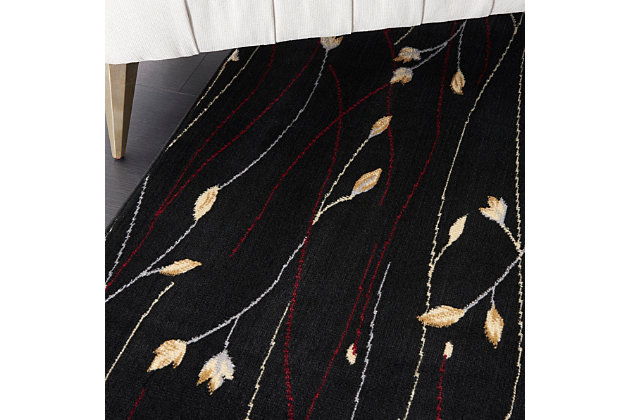 This grafix area rug from nourison features a gracefully flowing floral design in spectacular shades of black, crimson, cream and blue to impart a stunning sophisticated simplicity to any room where it resides.Serged edges | Easy-care fibers | Cut pile | Machine made | Power-loomed | Low shedding | Recommended for areas with moderate foot traffic | Indoor only | 100% polypropylene | Imported