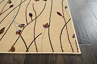 This grafix area rug from nourison features a graceful floral design in spectacular shades of black, red, cream, and blue on an elegant cream-colored field to impart a stunning sophistication to any room where it resides.Serged edges | Easy-care fibers | Cut pile | Machine made | Power-loomed | Low shedding | Recommended for areas with moderate foot traffic | Indoor only | 100% polypropylene | Imported