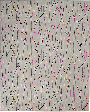 This grafix area rug from nourison features a gracefully flowing floral design in profound shades of grey, cream, crimson and blue to impart a stunning and sophisticated simplicity to any room where it resides.Serged edges | Easy-care fibers | Cut pile | Machine made | Power-loomed | Low shedding | Recommended for areas with moderate foot traffic | Indoor only | 100% polypropylene | Imported
