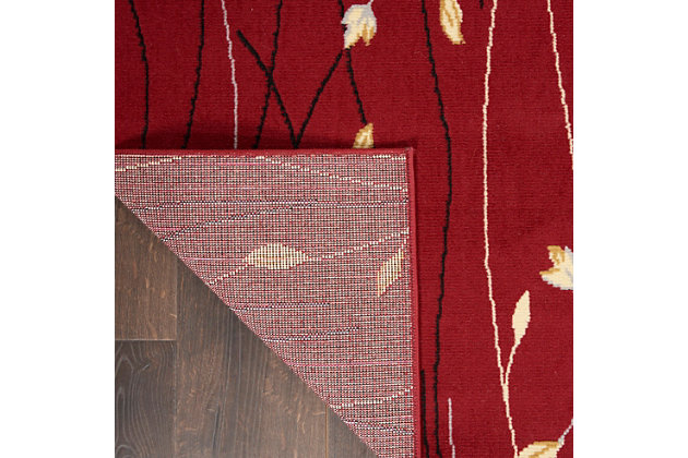 This Grafix area rug from Nourison features a gracey flowing floral design in riveting shades of red, grey, cream and blue to impart a stunning and sophisticated simplicity to any room where it resides.Serged Edges | Easy-care fibers | Cut pile | Machine made | Power-loomed | Low shedding | Recommended for areas with moderate foot traffic | Indoor only | 100% Polypropylene | Imported