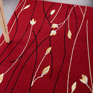 This Grafix area rug from Nourison features a gracey flowing floral design in riveting shades of red, grey, cream and blue to impart a stunning and sophisticated simplicity to any room where it resides.Serged Edges | Easy-care fibers | Cut pile | Machine made | Power-loomed | Low shedding | Recommended for areas with moderate foot traffic | Indoor only | 100% Polypropylene | Imported