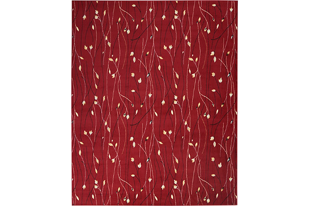 This grafix area rug from nourison features a gracefully flowing floral design in riveting shades of red, grey, cream and blue to impart a stunning and sophisticated simplicity to any room where it resides.Serged edges | Easy-care fibers | Cut pile | Machine made | Power-loomed | Low shedding | Recommended for areas with moderate foot traffic | Indoor only | 100% polypropylene | Imported