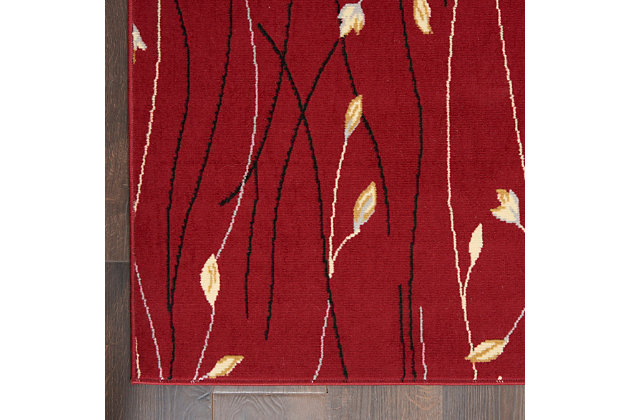 This grafix area rug from nourison features a gracefully flowing floral design in riveting shades of red, grey, cream and blue to impart a stunning and sophisticated simplicity to any room where it resides.Serged edges | Easy-care fibers | Cut pile | Machine made | Power-loomed | Low shedding | Recommended for areas with moderate foot traffic | Indoor only | 100% polypropylene | Imported
