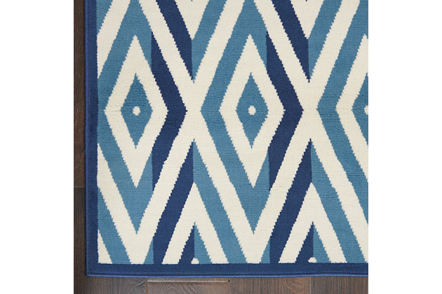 Concentric diamonds dazzle the eye in this boldly contemporary rug from the grafix collection by nourison. The blue-on-blue patterns on a white field are a mesmerizing addition to any room where you want to inject additional energy and sense of movement.Serged edges | Easy-care fibers | Cut pile | Machine made | Power-loomed | Low shedding | Recommended for areas with moderate foot traffic | Indoor only | 100% polypropylene | Imported