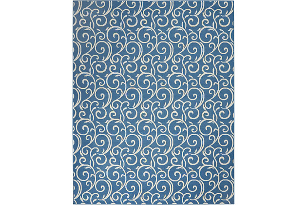 Curling vines form a lush abstract garden in this grafix collection area rug. This botanical style rug features ivory patterns on a soft blue field, with voluptuous curves creating a statement of soft comfort with artistic flair.Serged edges | Easy-care fibers | Cut pile | Machine made | Power-loomed | Low shedding | Recommended for areas with moderate foot traffic | Indoor only | 100% polypropylene | Imported