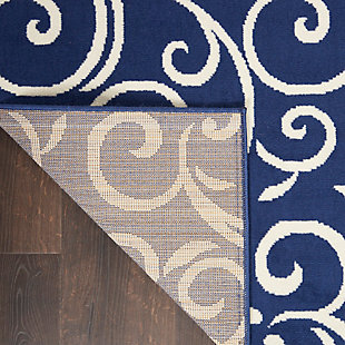 Curling vines form a lush abstract garden in this grafix collection area rug. This botanical style rug features ivory patterns on a rich navy blue field, with voluptuous curves creating a statement of soft comfort with artistic flair.Serged edges | Easy-care fibers | Cut pile | Machine made | Power-loomed | Low shedding | Recommended for areas with moderate foot traffic | Indoor only | 100% polypropylene | Imported