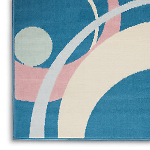 Concentric rings in a lively off-center pattern create a sense of spontaneity in this delightfully retro rug from the grafix collection. This contemporary design features a luxurious grey field with rings of white, pink, and pale blue on a rich blue field.Serged edges | Easy-care fibers | Cut pile | Machine made | Power-loomed | Low shedding | Recommended for areas with moderate foot traffic | Indoor only | 100% polypropylene | Imported