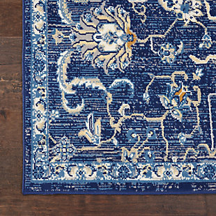 With finely detailed palmettes on an abrash blue field, this grafix collection rug by nourison brings the elegance of persian rug design to your home with a traditional all-over design in beige and gold. Easy-care fibers provide excellent durability and inviting texture for a touch of old world flavor that's at home in any décor.Serged edges | Easy-care fibers | Cut pile | Machine made | Power-loomed | Low shedding | Recommended for areas with moderate foot traffic | Indoor only | 100% polypropylene | Imported