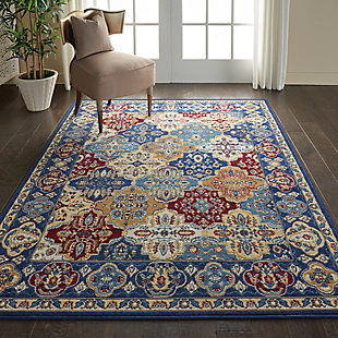 This Grafix Collection rug by Nourison brings traditional Persian rug design to life, with multicolored tiles and an ornate border for a wonderfully detailed all-over pattern in rich shades of blue, red, gold, and cream. Easy-care fibers provide excellent durability and inviting texture for a touch of Old World elegance at home in any décor.Serged Edges | Easy-care fibers | Cut pile | Machine made | Power-loomed | Low shedding | Recommended for areas with moderate foot traffic | Indoor only | 100% Polypropylene | Imported