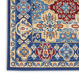 This grafix collection rug by nourison brings traditional persian rug design to life, with multicolored tiles and an ornate border for a wonderfully detailed all-over pattern in rich shades of blue, red, gold, and cream. Easy-care fibers provide excellent durability and inviting texture for a touch of old world elegance at home in any décor.Serged edges | Easy-care fibers | Cut pile | Machine made | Power-loomed | Low shedding | Recommended for areas with moderate foot traffic | Indoor only | 100% polypropylene | Imported