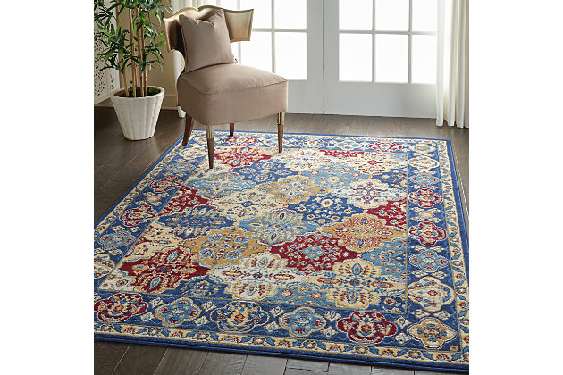 This Grafix Collection rug by Nourison brings traditional Persian rug design to life, with multicolored tiles and an ornate border for a wonderfully detailed all-over pattern in rich shades of blue, red, gold, and cream. Easy-care fibers provide excellent durability and inviting texture for a touch of Old World elegance at home in any décor.Serged Edges | Easy-care fibers | Cut pile | Machine made | Power-loomed | Low shedding | Recommended for areas with moderate foot traffic | Indoor only | 100% Polypropylene | Imported