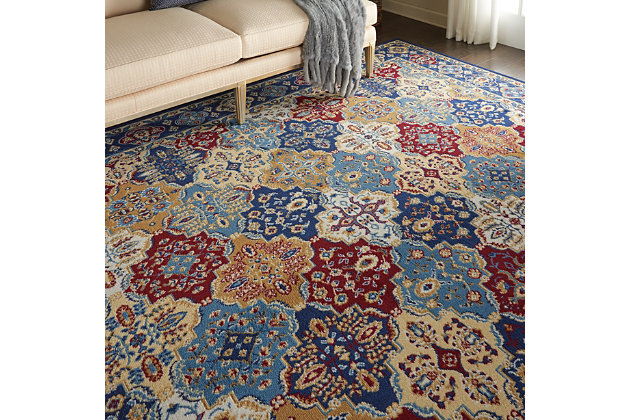 This grafix collection rug by nourison brings traditional persian rug design to life, with multicolored tiles and an ornate border for a wonderfully detailed all-over pattern in rich shades of blue, red, gold, and cream. Easy-care fibers provide excellent durability and inviting texture for a touch of old world elegance at home in any décor.Serged edges | Easy-care fibers | Cut pile | Machine made | Power-loomed | Low shedding | Recommended for areas with moderate foot traffic | Indoor only | 100% polypropylene | Imported