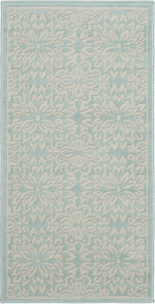 Bold floral medallions burst with energy across the beachy aqua blue field of this jubilant collection rug. Sleek, low-pile construction from easy-care fibers make this a versatile, stylish accent anywhere in your home.Easy-care fibers | Low pile construction | Cut pile | Machine made | Power-loomed | Low shedding | Recommended for areas with moderate foot traffic | Indoor only | 100% polypropylene | Imported