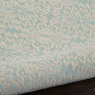 Bold floral medallions burst with energy across the beachy aqua blue field of this jubilant collection rug. Sleek, low-pile construction from easy-care fibers make this a versatile, stylish accent anywhere in your home.Easy-care fibers | Low pile construction | Cut pile | Machine made | Power-loomed | Low shedding | Recommended for areas with moderate foot traffic | Indoor only | 100% polypropylene | Imported