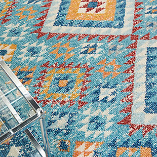 Diamonds dazzle in this Passion Collection area rug featuring a delightfully intricate, tribal-inspired design and a colorful mix of blue, orange and red multicolor. A modern rug with traditional appeal, it brings a fresh southwestern spirit into your living room, family room, dining room, home office or bedroom. Power-loomed of soft polypropylene, this rug feels comfortably thick and is kid and pet friendly.Easy-care fibers | Serged edges | Cut pile | Machine made | Power-loomed | Low shedding | Recommended for areas with moderate foot traffic | Indoor only | 100% Polypropylene | Imported