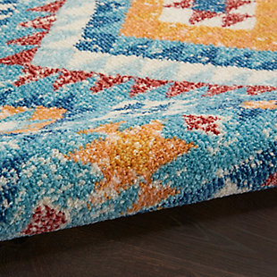 Diamonds dazzle in this passion collection area rug featuring a delighty intricate, tribal-inspired design and a colorful mix of blue, orange and red multicolor. A modern rug with traditional appeal, it brings a fresh southwestern spirit into your living room, family room, dining room, home office or bedroom. Power-loomed of soft polypropylene, this rug feels comfortably thick and is kid and pet friendly.Easy-care fibers | Serged edges | Cut pile | Machine made | Power-loomed | Low shedding | Recommended for areas with moderate foot traffic | Indoor only | 100% polypropylene | Imported