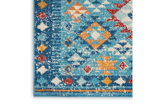 Diamonds dazzle in this passion collection area rug featuring a delighty intricate, tribal-inspired design and a colorful mix of blue, orange and red multicolor. A modern rug with traditional appeal, it brings a fresh southwestern spirit into your living room, family room, dining room, home office or bedroom. Power-loomed of soft polypropylene, this rug feels comfortably thick and is kid and pet friendly.Easy-care fibers | Serged edges | Cut pile | Machine made | Power-loomed | Low shedding | Recommended for areas with moderate foot traffic | Indoor only | 100% polypropylene | Imported