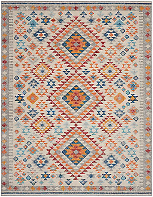 The soft ivory, grey, red, blue, and orange multicolor hues of this passion collection area rug give its intricate, tribal-inspired design a bright and harmonious look. A modern rug with traditional appeal, it brings a fresh southwestern spirit into your living room, family room, dining room, home office or bedroom. Power-loomed of soft polypropylene, this rug feels comfortably thick and is kid and pet friendly.Easy-care fibers | Serged edges | Cut pile | Machine made | Power-loomed | Low shedding | Recommended for areas with moderate foot traffic | Indoor only | 100% polypropylene | Imported
