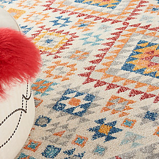 The soft ivory, grey, red, blue, and orange multicolor hues of this passion collection area rug give its intricate, tribal-inspired design a bright and harmonious look. A modern rug with traditional appeal, it brings a fresh southwestern spirit into your living room, family room, dining room, home office or bedroom. Power-loomed of soft polypropylene, this rug feels comfortably thick and is kid and pet friendly.Easy-care fibers | Serged edges | Cut pile | Machine made | Power-loomed | Low shedding | Recommended for areas with moderate foot traffic | Indoor only | 100% polypropylene | Imported