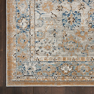 This traditional, persian center medallion area rug from the quarry collection is stunning its simplicity. Its mineral inspired palette displays luminous grey and light blue tones on a warm, multi-hued beige and ivory ground. This intricate geometric design is enhanced with a vintage fade and ornamental border, a beautiful complement to bohemian and contemporary styles of decor. Power-loomed of an exquisitely soft polypropylene and polyester blend, with a comfortably high pile, cut details and serged edges.Easy-care fibers | Serged edges | Cut pile | Machine made | Power-loomed | Moderate shedding | Recommended for areas with moderate foot traffic | Indoor only | 80% polypropylene, 20% polyester | Imported