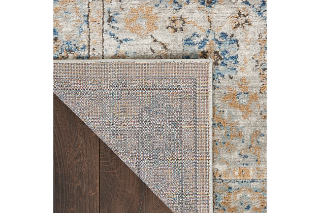 This traditional, persian center medallion area rug from the quarry collection is stunning its simplicity. Its mineral inspired palette displays luminous grey and light blue tones on a warm, multi-hued beige and ivory ground. This intricate geometric design is enhanced with a vintage fade and ornamental border, a beautiful complement to bohemian and contemporary styles of decor. Power-loomed of an exquisitely soft polypropylene and polyester blend, with a comfortably high pile, cut details and serged edges.Easy-care fibers | Serged edges | Cut pile | Machine made | Power-loomed | Moderate shedding | Recommended for areas with moderate foot traffic | Indoor only | 80% polypropylene, 20% polyester | Imported