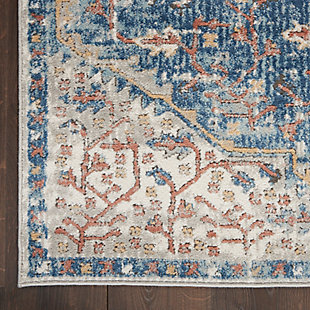 This dramatic, center medallion persian rug design, presented in a lapis blue and quartz grey palette with fade effect, brings harmony and pleasure to your living room, bedroom, or dining room. Distinguished by the mineral tones of the quarry collection, it features high cut-pile and ornamental border with serged edge. Power-loomed of an exquisitely soft, easy to maintain blend of polyester and polypropylene.Easy-care fibers | Serged edges | Cut pile | Machine made | Power-loomed | Moderate shedding | Recommended for areas with moderate foot traffic | Indoor only | 80% polypropylene, 20% polyester | Imported