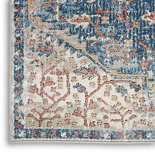 This dramatic, center medallion persian rug design, presented in a lapis blue and quartz grey palette with fade effect, brings harmony and pleasure to your living room, bedroom, or dining room. Distinguished by the mineral tones of the quarry collection, it features high cut-pile and ornamental border with serged edge. Power-loomed of an exquisitely soft, easy to maintain blend of polyester and polypropylene.Easy-care fibers | Serged edges | Cut pile | Machine made | Power-loomed | Moderate shedding | Recommended for areas with moderate foot traffic | Indoor only | 80% polypropylene, 20% polyester | Imported