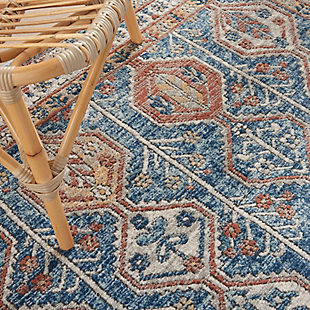 Gorgeously colorful and beautifully rhythmic, this geometric area rug from the quarry collection features slender rows of lozenge-shapes filled with intricate floral and feather details. In a dazzling example of traditional persian design, it has a classic ornamental border, vintage fade finish and serged edge.  thick and soft power-loomed cut pile provides fabulous texture and comfort.Easy-care fibers | Serged edges | Cut pile | Machine made | Power-loomed | Moderate shedding | Recommended for areas with moderate foot traffic | Indoor only | 80% polypropylene, 20% polyester | Imported