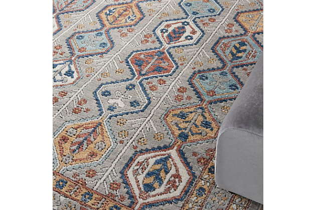 Subtly colorful and beautifully rhythmic, this geometric area rug from the quarry collection features slender rows of lozenge-shapes filled with intricate floral and feather details. In a dazzling example of traditional persian design, it has a classic ornamental border, vintage fade finish and serged edge. Thick and soft power-loomed cut pile in a polyester and polypropylene blend provides fabulous texture and comfort.Easy-care fibers | Serged edges | Cut pile | Machine made | Power-loomed | Moderate shedding | Recommended for areas with moderate foot traffic | Indoor only | 80% polypropylene, 20% polyester | Imported