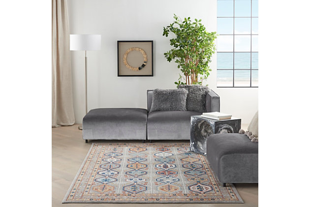 Subtly colorful and beautifully rhythmic, this geometric area rug from the quarry collection features slender rows of lozenge-shapes filled with intricate floral and feather details. In a dazzling example of traditional persian design, it has a classic ornamental border, vintage fade finish and serged edge. Thick and soft power-loomed cut pile in a polyester and polypropylene blend provides fabulous texture and comfort.Easy-care fibers | Serged edges | Cut pile | Machine made | Power-loomed | Moderate shedding | Recommended for areas with moderate foot traffic | Indoor only | 80% polypropylene, 20% polyester | Imported