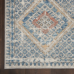Diamonds upon diamonds give this richly patterned and textured quarry area rug luxurious appeal. Bold concentric diamonds are surrounded by smaller diamond shapes in rich mineral tones. With its purposeful vintage fade, this power-loomed, high cut-pile is as soft and lustrous as a fine antique rug. Finished with a narrow ornamental border and serged edge for an ideal complement to bohemian and contemporary styles of decor.Easy-care fibers | Serged edges | Cut pile | Machine made | Power-loomed | Moderate shedding | Recommended for areas with moderate foot traffic | Indoor only | 80% polypropylene, 20% polyester | Imported
