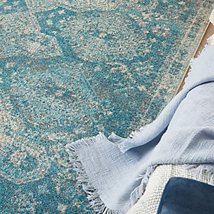 Enter a world of sublime harmony with the beauty of this tranquil collection area rug. Its transitional persian rug design is elegantly modulated with a vintage abrash finish for a soft, harmonious look in gently faded blue and ivory. The lush, power-loomed cut pile is easy to clean for the modern lifestyle.Easy-care fibers | Cut pile | Machine made | Power-loomed | Low shedding | Recommended for areas with moderate foot traffic | Indoor only | 100% polypropylene | Imported