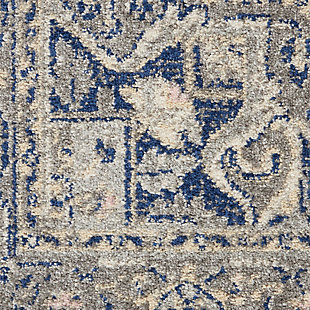 The drama of a classic persian center medallion design is softened by the transitional appearance of this tranquil collection area rug. Its gently distressed abrash finish creates vintage charm and enhances the warmth of its grey and navy palette. Ornamental border and textured cut pile complete the appeal of this easy-clean rug.Easy-care fibers | Cut pile | Machine made | Power-loomed | Low shedding | Recommended for areas with moderate foot traffic | Indoor only | 100% polypropylene | Imported
