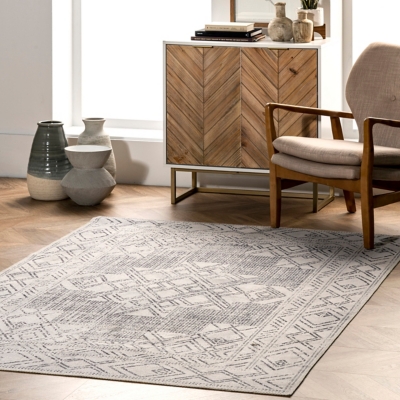 nuLOOM Mia Machine Washable Geometric Medallion 5' x 8' Rug, Light Gray, rollover