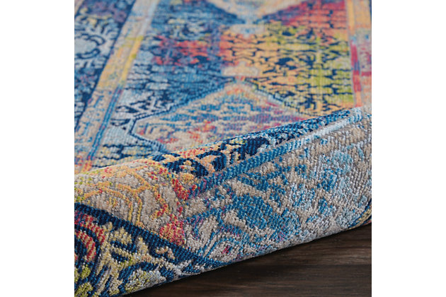 Spectacular colors and corner medallions come together in this runner for the perfect shot of surprising bohemian charm. The combination of traditional patterns and modern ombre are an unforgettable touch for any space.Made of polypropylene | Machine made | Power-loomed | Thin pile (less than 0.5" high) | Serged edges | Vacuum regularly (no beater bar) | Rug pad recommended | Recommended for areas with moderate foot traffic | Low shedding | Imported