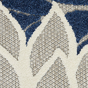 In shades of navy-blue, gray, and white, this aloha indoor/outdoor rug brings extra life and excitement to your patio, deck, or poolside. Its high-low construction combines delightful texture with an intricately woven base for exceptional look and feel that stands up to the elements. Machine made from premium stain-resistant fibers for long wear and easy cleaning (just rinse with a hose and air dry).Hand carved | Long wear and easy-clean fibers | Flat weave | Machine made from premium stain-resistant fibers | Power-loomed | Low shedding | Recommended for areas with heavy foot traffic | Indoor/outdoor | Adding a layer of padding helps cushion the rug and diminish pressure, helping to prolong the rug's life; also, the extra padding helps reduce sound in the room | Rug pad recommended | Vacuum regularly, clean spills immediately by blotting with a clean damp sponge or cloth; rinse with a hose if cleaning it outdoors; to extend the life of this area rug, bring it indoors during extreme weather | 100% polypropylene | Imported