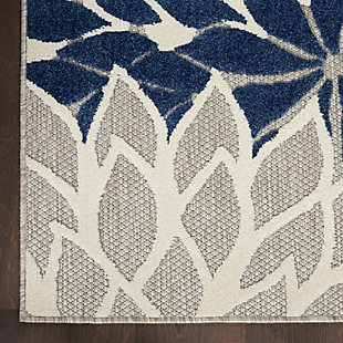 In shades of black, white and gray, this aloha indoor/outdoor rug brings extra life and excitement to your patio, deck, or poolside. Its high-low construction combines delightful texture with an intricately woven base for an exceptional look and feel that stands up to the elements. Machine made from premium stain-resistant fibers for long wear and easy cleaning (just rinse with a hose and air dry).Serged edges | Long wear and easy-clean fibers | Combination weave | Machine made from premium stain-resistant fibers | Power-loomed | Low shedding | Recommended for areas with heavy foot traffic | Indoor/outdoor | Adding a layer of padding helps cushion the rug and diminish pressure, helping to prolong the rug's life; also, the extra padding helps reduce sound in the room | Rug pad recommended | Vacuum regularly, clean spills immediately by blotting with a clean damp sponge or cloth; rinse with a hose if cleaning it outdoors; to extend the life of this area rug, bring it indoors during extreme weather | 100% polypropylene | Imported