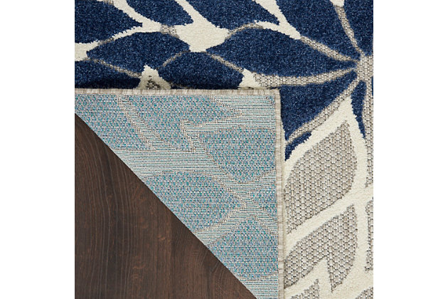 In shades of navy-blue, gray, and white, this aloha indoor/outdoor rug brings extra life and excitement to your patio, deck, or poolside. Its high-low construction combines delightful texture with an intricately woven base for exceptional look and feel that stands up to the elements. Machine made from premium stain-resistant fibers for long wear and easy cleaning (just rinse with a hose and air dry).Hand carved | Long wear and easy-clean fibers | Flat weave | Machine made from premium stain-resistant fibers | Power-loomed | Low shedding | Recommended for areas with heavy foot traffic | Indoor/outdoor | Adding a layer of padding helps cushion the rug and diminish pressure, helping to prolong the rug's life; also, the extra padding helps reduce sound in the room | Rug pad recommended | Vacuum regularly, clean spills immediately by blotting with a clean damp sponge or cloth; rinse with a hose if cleaning it outdoors; to extend the life of this area rug, bring it indoors during extreme weather | 100% polypropylene | Imported