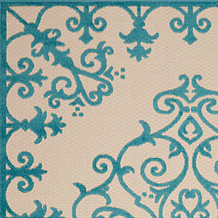 A pretty and playful pattern of scrolling vines really turns on the charm when presented in alluring aqua blue and ivory. This high-low textured indoor/outdoor rug will bring fresh and fabulous flair to your patio, porch, or deck. Machine made of polypropylene for easy cleaning (simply hose-rinse and air dry).Serged edges | Easy-care fibers | Combination weave | Machine made | Power-loomed | Low shedding | Recommended for areas with heavy foot traffic | Indoor/outdoor | Adding a layer of padding helps cushion the rug and diminish pressure, helping to prolong the rug's life; also, the extra padding helps reduce sound in the room | Rug pad recommended | Vacuum regularly, clean spills immediately by blotting with a clean damp sponge or cloth; rinse with a hose if cleaning it outdoors; to extend the life of this area rug, bring it indoors during extreme weather | 100% polypropylene | Imported