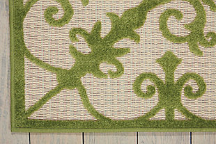 A pretty and playful pattern of scrolling vines really turns on the charm when presented in alluring green and beige. This high-low textured indoor/outdoor rug will bring fresh and fabulous flair to your patio, porch, or deck. Machine made of polypropylene for easy cleaning (simply hose-rinse and air dry).Serged edges | Easy-care fibers | Combination weave | Machine made | Power-loomed | Low shedding | Recommended for areas with heavy foot traffic | Indoor/outdoor | Adding a layer of padding helps cushion the rug and diminish pressure, helping to prolong the rug's life; also, the extra padding helps reduce sound in the room | Rug pad recommended | Vacuum regularly, clean spills immediately by blotting with a clean damp sponge or cloth; rinse with a hose if cleaning it outdoors; to extend the life of this area rug, bring it indoors during extreme weather | 100% polypropylene | Imported