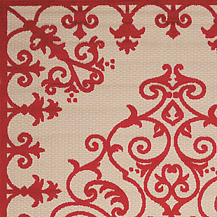 A pretty and playful pattern of scrolling vines really turns on the charm when presented in bright red and beige. This high-low textured indoor/outdoor rug will bring fresh and fabulous flair to your patio, porch, or deck. Machine made of polypropylene for easy cleaning (simply hose-rinse and air dry).Serged edges | Easy-care fibers | Combination weave | Machine made | Power-loomed | Low shedding | Recommended for areas with heavy foot traffic | Indoor/outdoor | Adding a layer of padding helps cushion the rug and diminish pressure, helping to prolong the rug's life; also, the extra padding helps reduce sound in the room | Rug pad recommended | Vacuum regularly, clean spills immediately by blotting with a clean damp sponge or cloth; rinse with a hose if cleaning it outdoors; to extend the life of this area rug, bring it indoors during extreme weather | 100% polypropylene | Imported