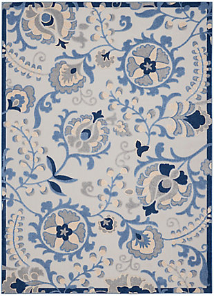 In swirling vines and flowers of blue, cream and gray, this aloha indoor/outdoor rug complements your patio, porch or poolside setting. A high-low weave combines textural patterns with an intricately woven base for exceptional look that stands up to the elements. Created from premium stain-resistant fibers for long wear, low maintenance, and a splendid texture.Serged edges | Long wear, low maintenance and splendid texture | Combination weave | Machine made from premium stain-resistant fibers | Power-loomed | Low shedding | Recommended for areas with heavy foot traffic | Indoor/outdoor | Adding a layer of padding helps cushion the rug and diminish pressure, helping to prolong the rug's life; also, the extra padding helps reduce sound in the room | Rug pad recommended | Vacuum regularly, clean spills immediately by blotting with a clean damp sponge or cloth; rinse with a hose if cleaning it outdoors; to extend the life of this area rug, bring it indoors during extreme weather | 100% polypropylene | Imported