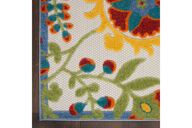 In swirling vines and flowers of green, red and yellow multicolor, this aloha indoor/outdoor rug complements your patio, porch or poolside setting. A high-low weave combines textural patterns with an intricately woven base for exceptional look that stands up to the elements. Created from premium stain-resistant fibers for long wear, low maintenance, and a splendid texture.Serged edges | Long wear, low maintenance and splendid texture | Combination weave | Machine made from premium stain-resistant fibers | Power-loomed | Low shedding | Recommended for areas with heavy foot traffic | Indoor/outdoor | Adding a layer of padding helps cushion the rug and diminish pressure, helping to prolong the rug's life; also, the extra padding helps reduce sound in the room | Rug pad recommended | Vacuum regularly, clean spills immediately by blotting with a clean damp sponge or cloth; rinse with a hose if cleaning it outdoors; to extend the life of this area rug, bring it indoors during extreme weather | 100% polypropylene | Imported