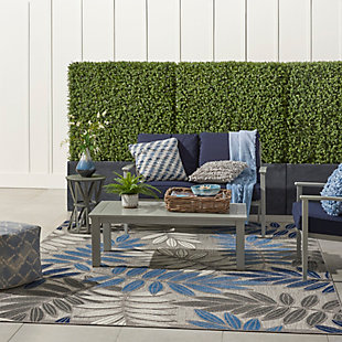 A cheerful and charming oversized leaf design is a fun, flirty and fashionable way to uplift any environment, especially when presented in complementary hues of blue, turquoise, cream and gray. This aloha indoor/outdoor area rug from nourison is created from premium stain-resistant fibers for long wear, low maintenance, and a splendid texture.Hand carved | Long wear, low maintenance and splendid texture | Flat weave | Machine made from premium stain-resistant fibers | Power-loomed | Low shedding | Recommended for areas with heavy foot traffic | Indoor/outdoor | Adding a layer of padding helps cushion the rug and diminish pressure, helping to prolong the rug's life; also, the extra padding helps reduce sound in the room | Rug pad recommended | Vacuum regularly, clean spills immediately by blotting with a clean damp sponge or cloth; rinse with a hose if cleaning it outdoors; to extend the life of this area rug, bring it indoors during extreme weather | 100% polypropylene | Imported