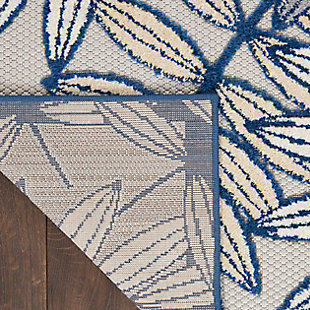 A cheerful and charming oversized leaf design is a fun, flirty, and fashionable way to uplift any environment, especially when presented in complementary hues of gray, navy, and ivory. This aloha indoor/outdoor area rug from nourison is created from premium stain-resistant fibers for long wear, low maintenance, and a splendid texture.Serged edges | Long wear, low maintenance and splendid texture | Combination weave | Machine made from premium stain-resistant fibers | Power-loomed | Low shedding | Recommended for areas with heavy foot traffic | Indoor/outdoor | Adding a layer of padding helps cushion the rug and diminish pressure, helping to prolong the rug's life; also, the extra padding helps reduce sound in the room | Rug pad recommended | Vacuum regularly, clean spills immediately by blotting with a clean damp sponge or cloth; rinse with a hose if cleaning it outdoors; to extend the life of this area rug, bring it indoors during extreme weather | 100% polypropylene | Imported