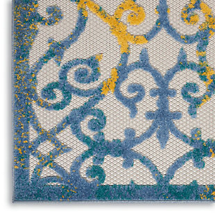 With its textural high-low style pile and scrolling floral design, this aloha indoor/outdoor rug invites a sophisticated feel to your home. Vibrant blue and golden yellow tones with hints of green, woven onto a ground of ivory makes for an elegant centerpiece for your patio or deck. Created from premium stain-resistant fibers for easy cleaning and upkeep (just rinse with a hose and air dry).Serged edges | Premium stain-resistant fibers for easy cleaning | Combination weave | Machine made from easy-care fibers | Power-loomed | Low shedding | Recommended for areas with heavy foot traffic | Indoor/outdoor | Adding a layer of padding helps cushion the rug and diminish pressure, helping to prolong the rug's life; also, the extra padding helps reduce sound in the room | Rug pad recommended | Vacuum regularly, clean spills immediately by blotting with a clean damp sponge or cloth; rinse with a hose if cleaning it outdoors; to extend the life of this area rug, bring it indoors during extreme weather | 100% polypropylene | Imported