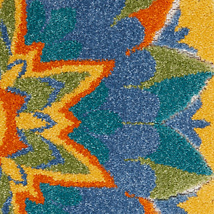 Beautifully bold and texturally rich, this floral indoor/outdoor area rug from the aloha collection lends a warm and sunny vibe to your porch or patio. Its high-low styled weave is crafted in vivid shades of blue, yellow, orange, and green on a classic white ground. Premium stain resistant fibers offer durability and ease of cleaning (simply rinse with a hose and let it air dry).Serged edges | Premium stain-resistant fibers for durability and easy cleaning | Combination weave | Machine made from easy-care fibers | Power-loomed | Low shedding | Recommended for areas with heavy foot traffic | Indoor/outdoor | Adding a layer of padding helps cushion the rug and diminish pressure, helping to prolong the rug's life; also, the extra padding helps reduce sound in the room | Rug pad recommended | Vacuum regularly, clean spills immediately by blotting with a clean damp sponge or cloth; rinse with a hose if cleaning it outdoors; to extend the life of this area rug, bring it indoors during extreme weather | 100% polypropylene | Imported