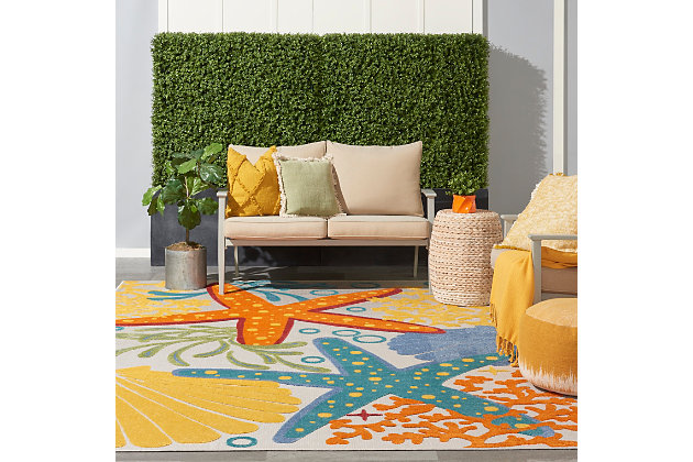 Roll out your own little slice of the beach life with this coastal indoor/outdoor area rug from the aloha collection. Breezy starfish, sea shells, and undersea bubbles woven in vibrant multicolor sets a foundation for festive days on your patio, deck, or anywhere inside your home. Expertly machine made of premium, stain resistant fibers, this aloha area rug offers durability and ease of cleaning (just rinse with a hose and air dry).Serged edges | Premium stain-resistant fibers for durability and easy cleaning | Combination weave | Machine made from easy-care fibers | Power-loomed | Low shedding | Recommended for areas with heavy foot traffic | Indoor/outdoor | Adding a layer of padding helps cushion the rug and diminish pressure, helping to prolong the rug's life; also, the extra padding helps reduce sound in the room | Rug pad recommended | Vacuum regularly, clean spills immediately by blotting with a clean damp sponge or cloth; rinse with a hose if cleaning it outdoors; to extend the life of this area rug, bring it indoors during extreme weather | 100% polypropylene | Imported